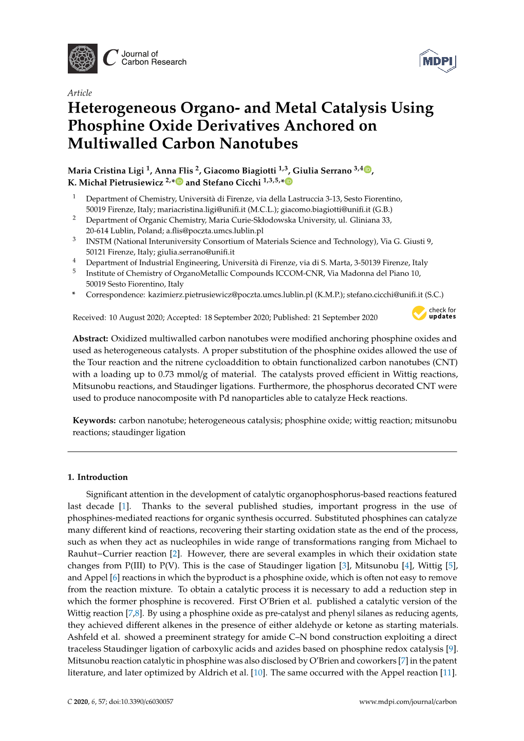 Heterogeneous Organo- and Metal Catalysis Using Phosphine Oxide Derivatives Anchored on Multiwalled Carbon Nanotubes