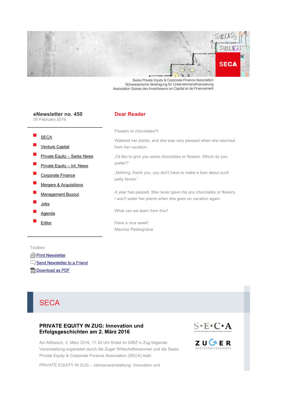 Enewsletter No. 450 | SECA | Swiss Private Equity & Corporate Finance