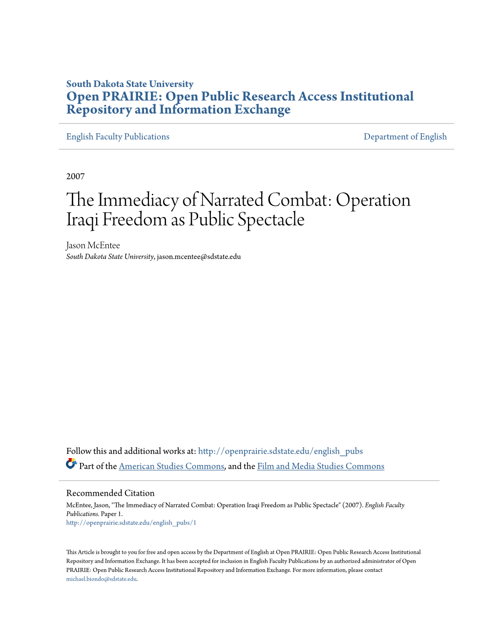 Operation Iraqi Freedom As Public Spectacle Jason Mcentee South Dakota State University, Jason.Mcentee@Sdstate.Edu