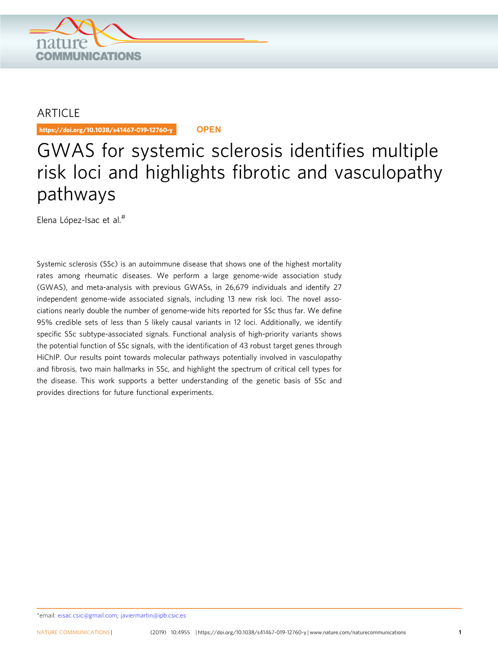 GWAS for Systemic Sclerosis Identifies Multiple Risk Loci and Highlights Fibrotic and Vasculopathy Pathways