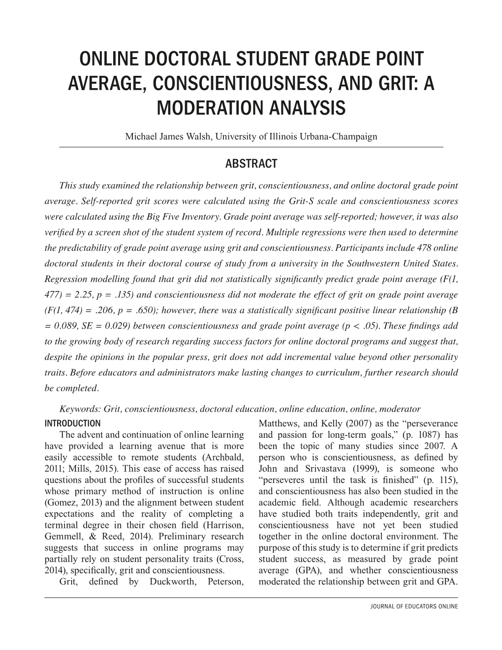 Online Doctoral Student Grade Point Average, Conscientiousness, and Grit: a Moderation Analysis