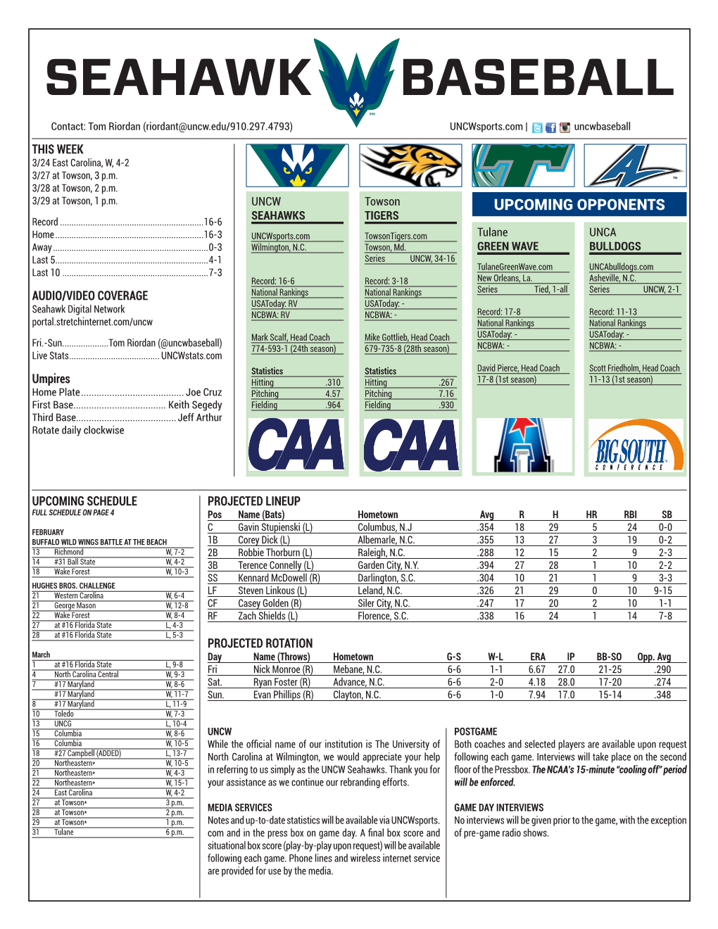 SEAHAWK BASEBALL Contact: Tom Riordan (Riordant@Uncw.Edu/910.297.4793) Uncwsports.Com | Uncwbaseball THIS WEEK 3/24 East Carolina, W, 4-2 3/27 at Towson, 3 P.M