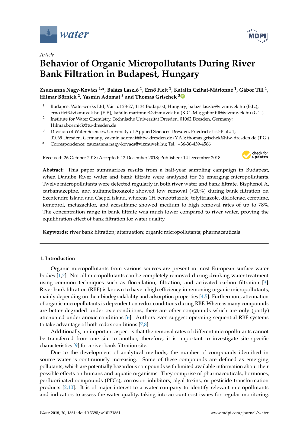 Behavior of Organic Micropollutants During River Bank Filtration in Budapest, Hungary