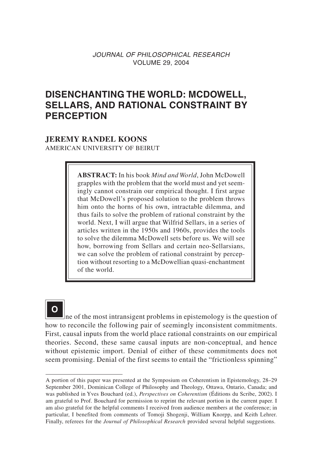 Disenchanting the World: Mcdowell, Sellars, and Rational Constraint by Perception