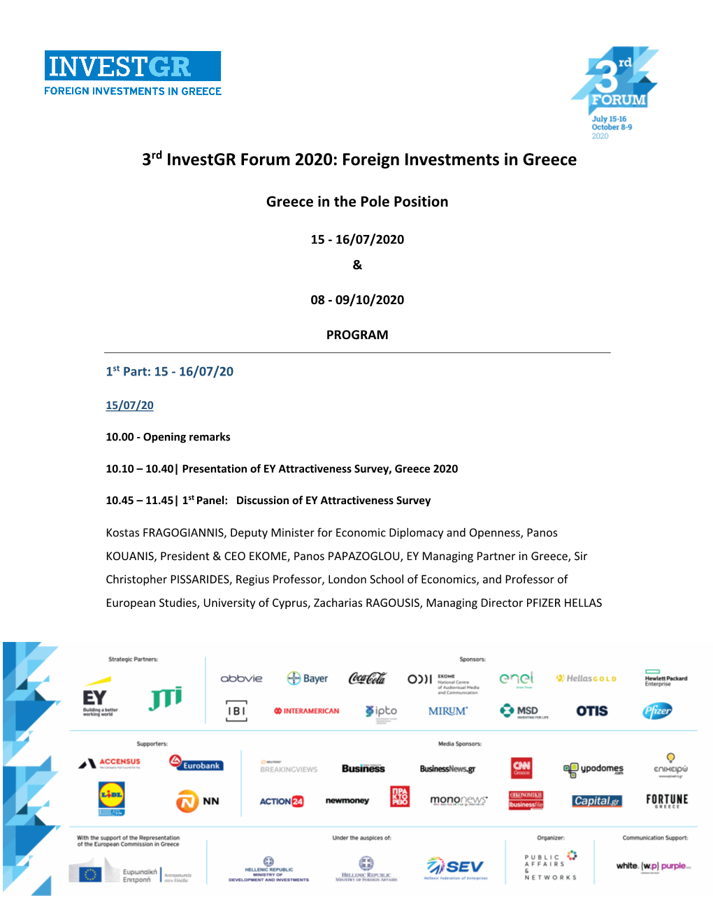 3Rd Investgr Forum 2020: Foreign Investments in Greece