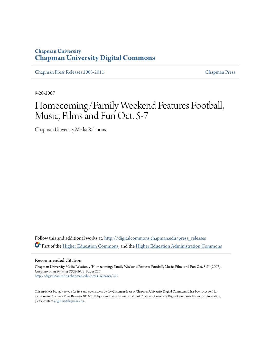 Homecoming/Family Weekend Features Football, Music, Films and Fun Oct