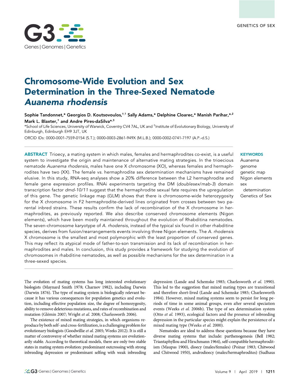 Chromosome-Wide Evolution and Sex Determination in the Three-Sexed Nematode Auanema Rhodensis