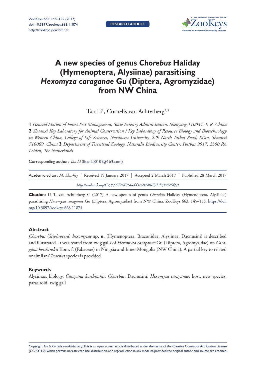 A New Species of Genus Chorebus Haliday (Hymenoptera, Alysiinae