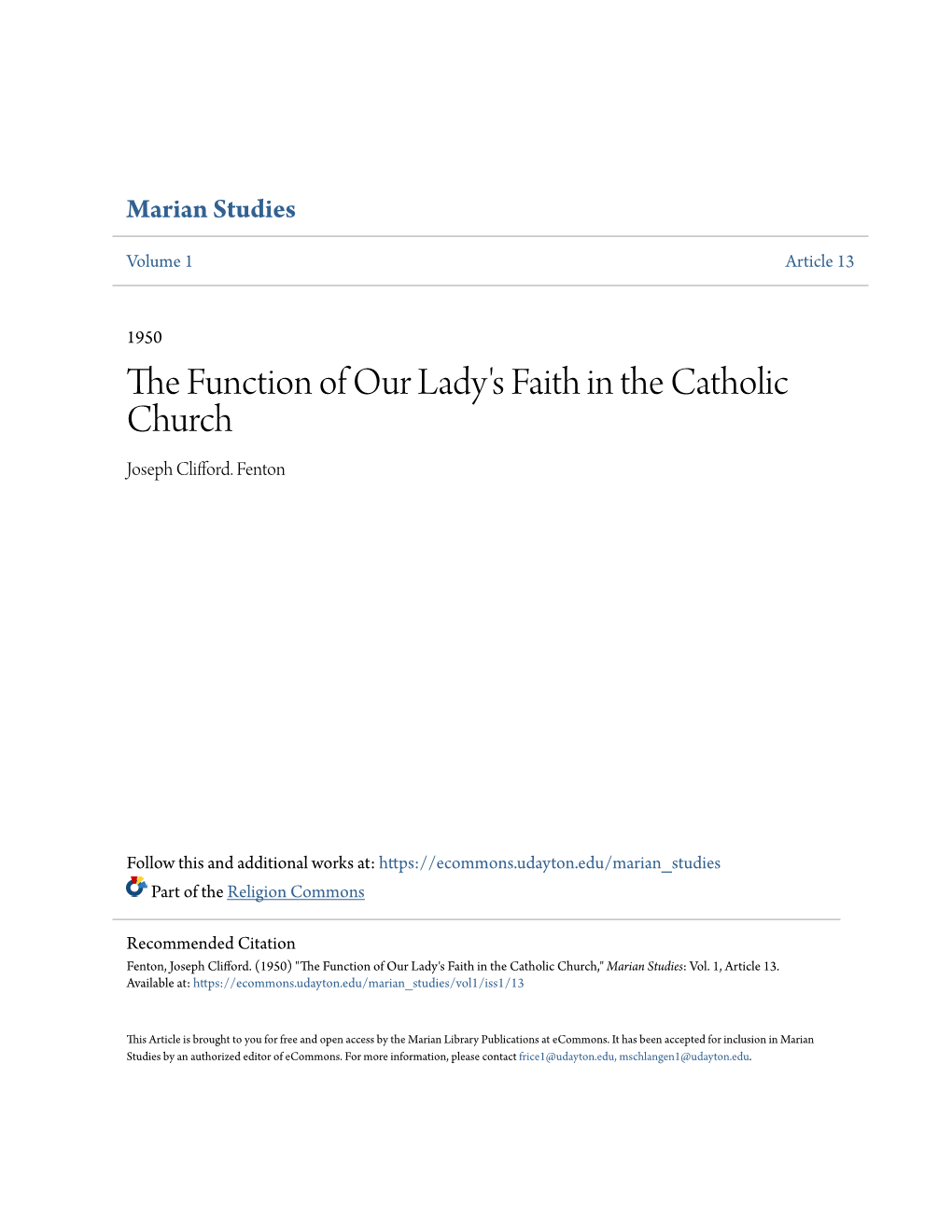 The Function of Our Lady's Faith in the Catholic Church