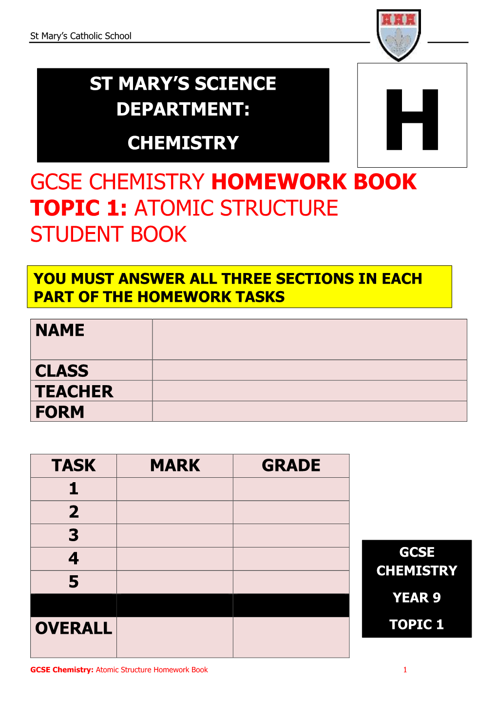 Gcse Chemistry Homework Book Topic 1: Atomic Structure Student Book