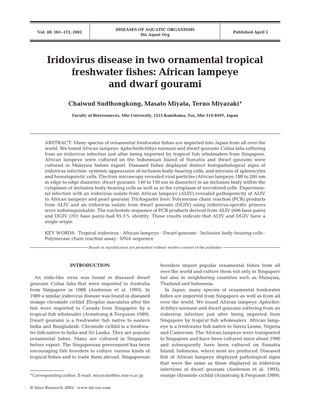 Iridovirus Disease in Two Ornamental Tropical Freshwater Fishes: African Lampeye and Dwarf Gourami