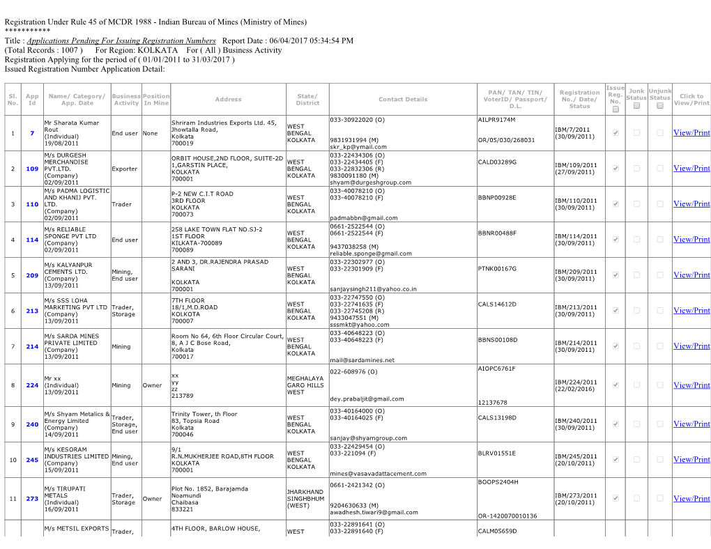 Registration Under Rule 45 of MCDR 1988Анаindian Bureau of Mines