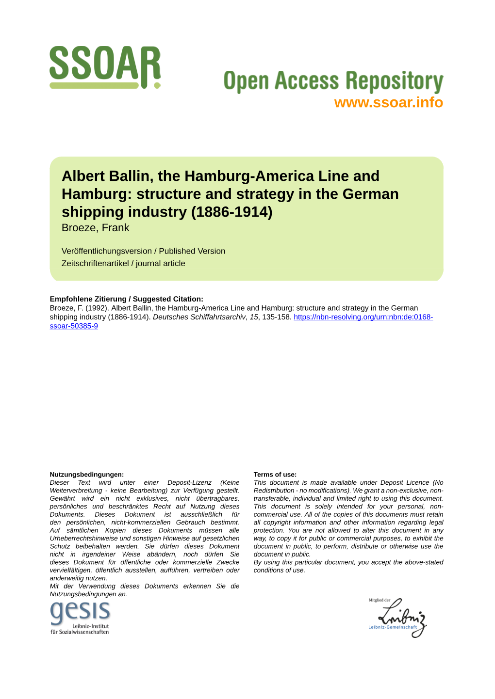 Albert Ballin, the Hamburg-America Line and Hamburg: Structure and Strategy in the German Shipping Industry (1886-1914) Broeze, Frank