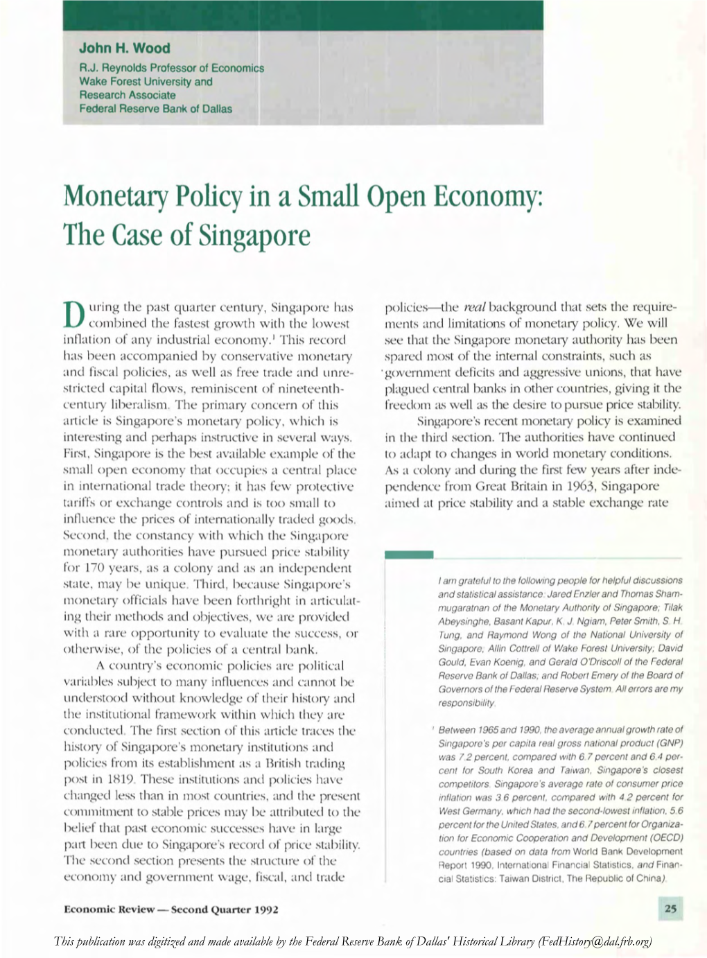 Monetary Policy in a Small Open Economy: the Case of Singapore