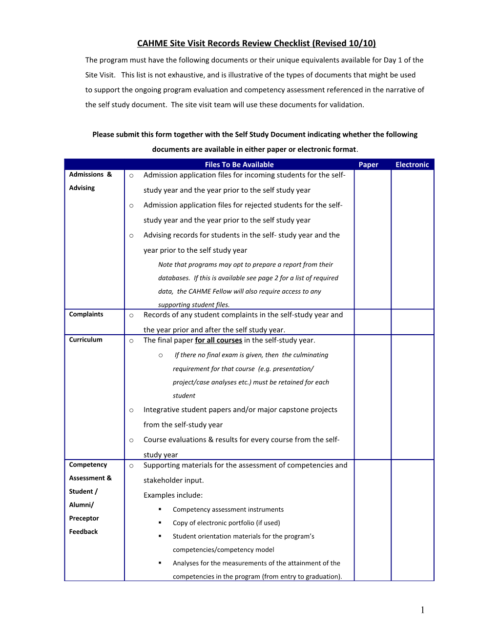 CAHME Site Visit Records Review Checklist