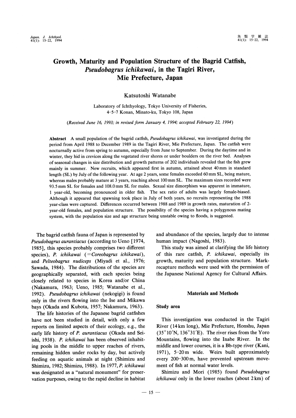 Growth, Maturity and Population Structure of the Bagrid Catfish, Pseudobagrus Ichikawai, in the Tagiri River, Mie Prefecture, Japan