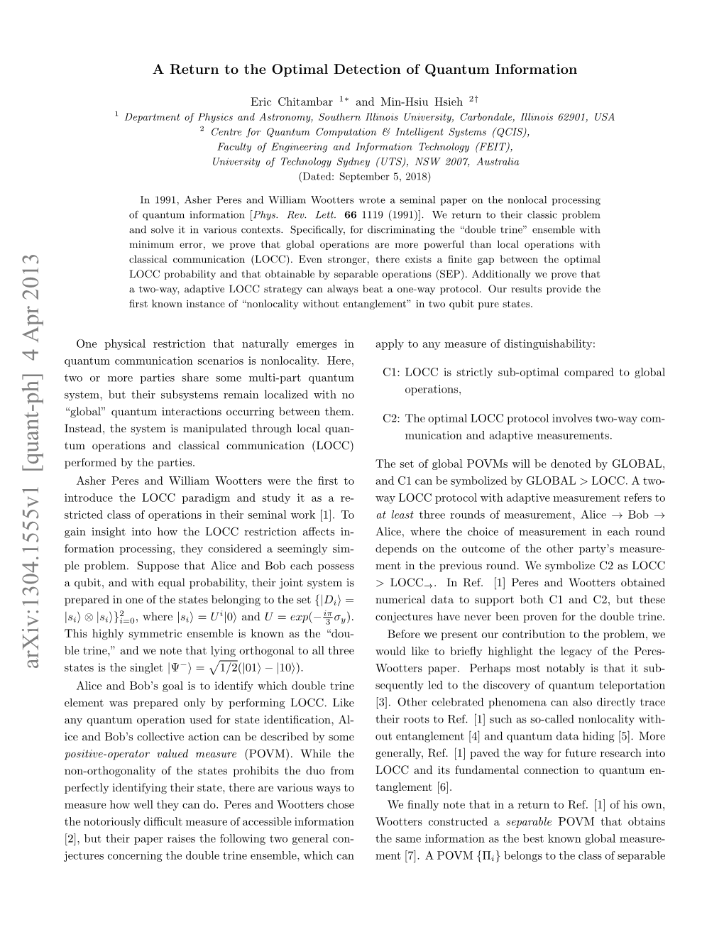 A Return to the Optimal Detection of Quantum Information