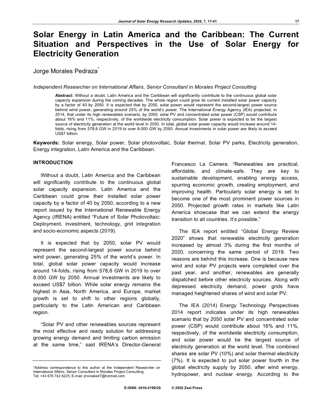 Solar Energy in Latin America and the Caribbean: the Current Situation and Perspectives in the Use of Solar Energy for Electricity Generation