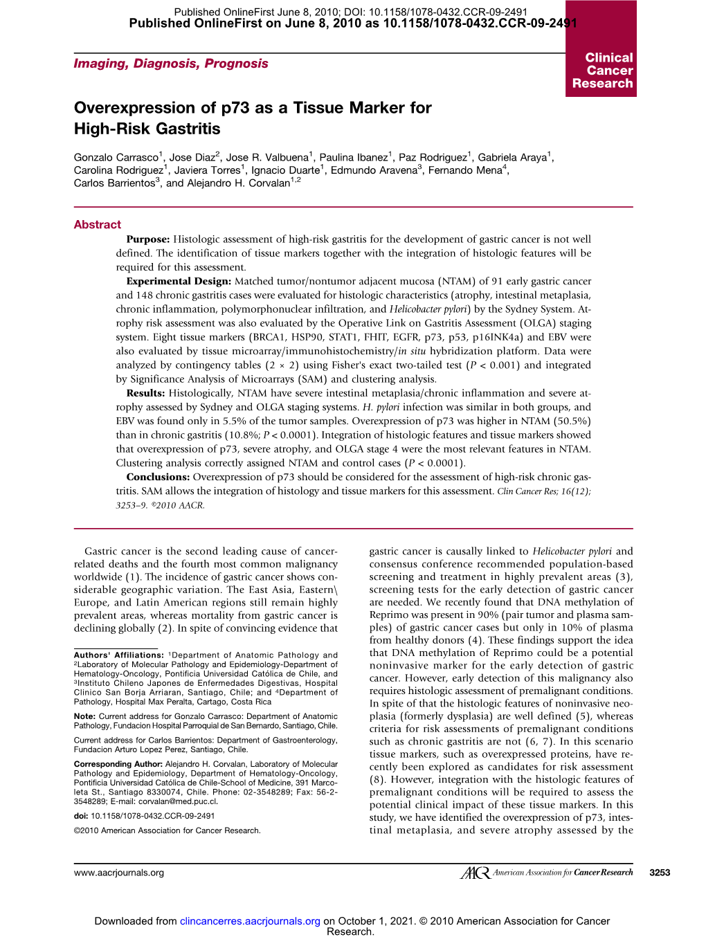 Overexpression of P73 As a Tissue Marker for High-Risk Gastritis