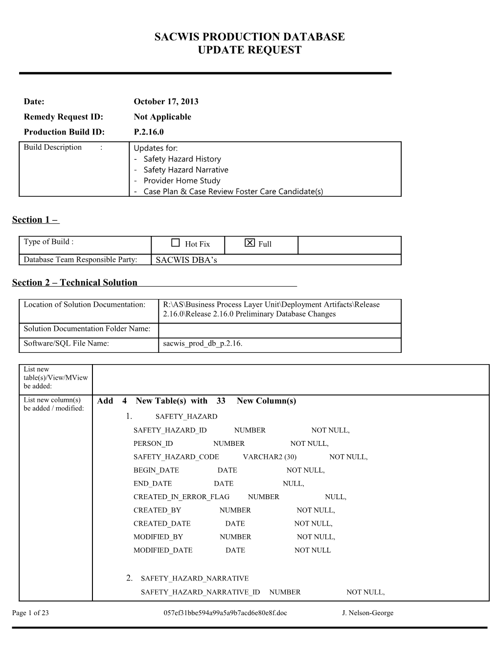 Sacwis Database Update Request s1