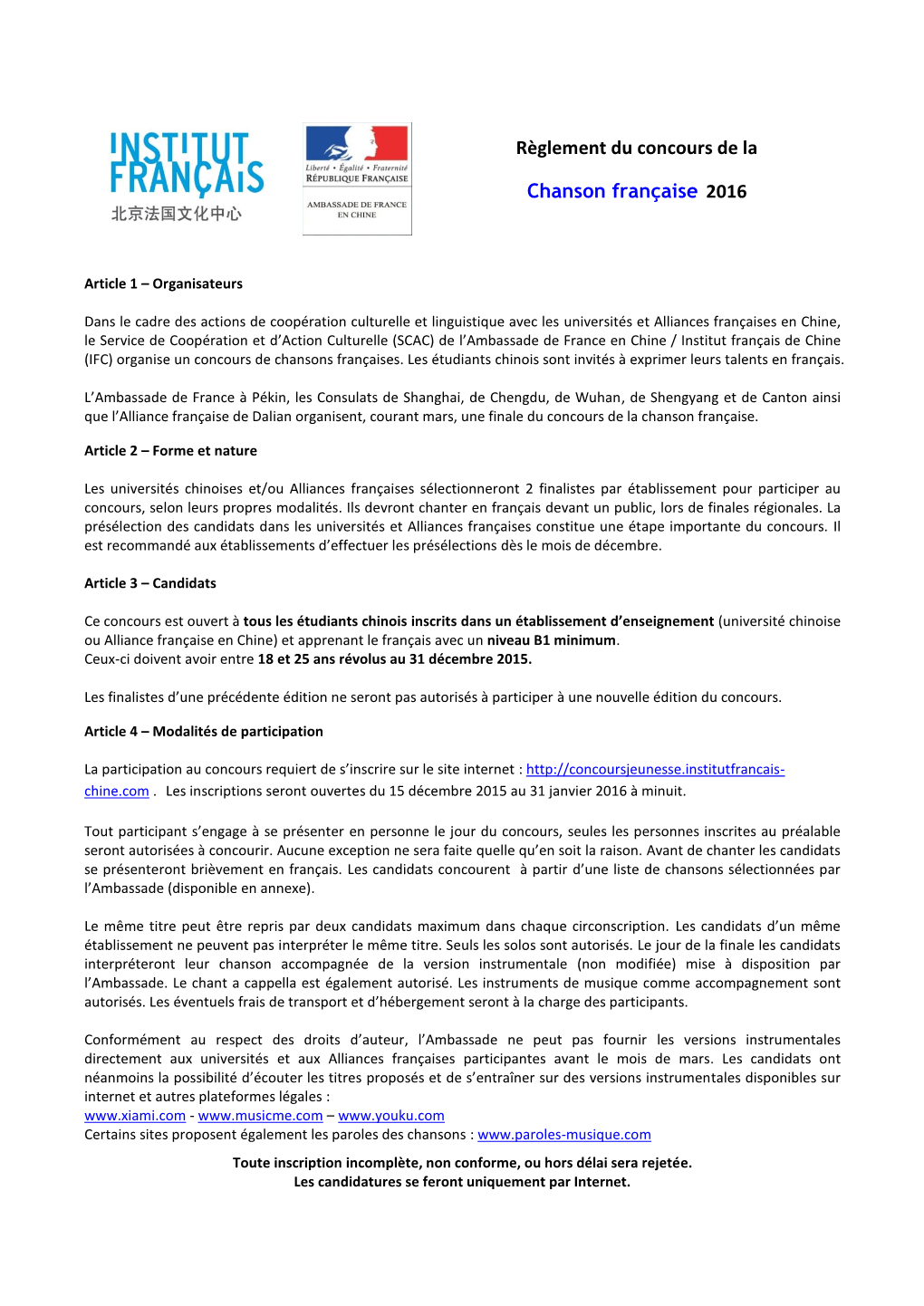 Règlement Du Concours De La Chanson Française 2016