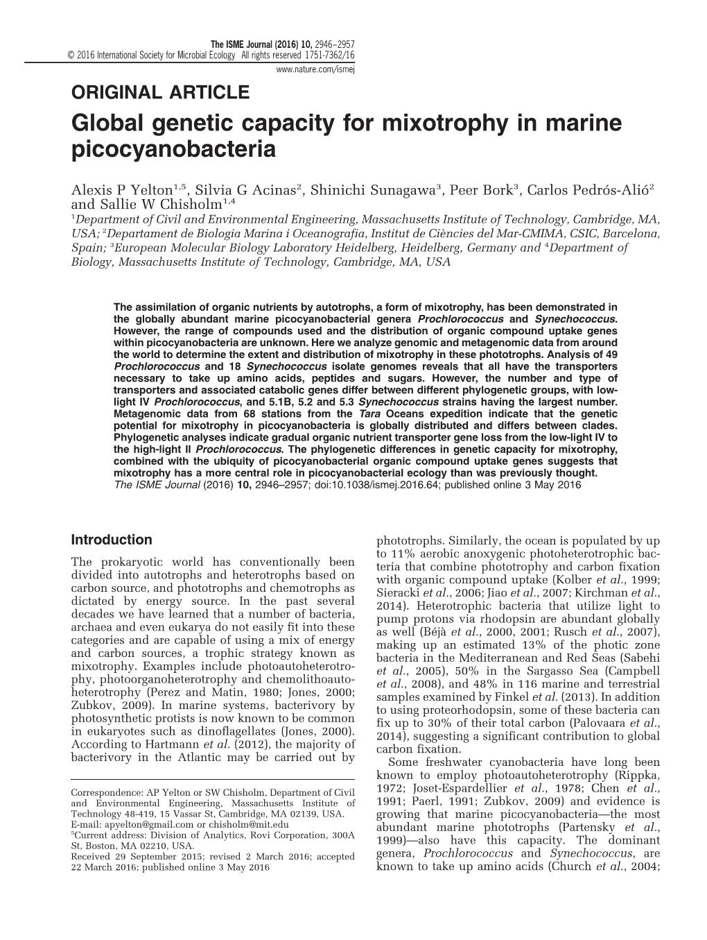 Global Genetic Capacity for Mixotrophy in Marine Picocyanobacteria