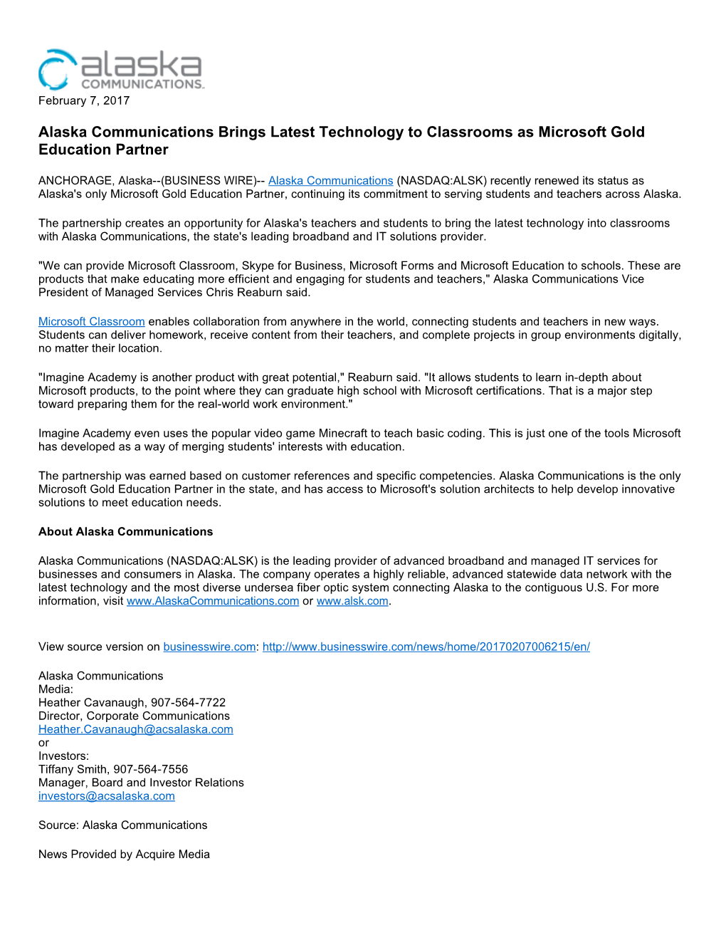 Alaska Communications Brings Latest Technology to Classrooms As Microsoft Gold Education Partner