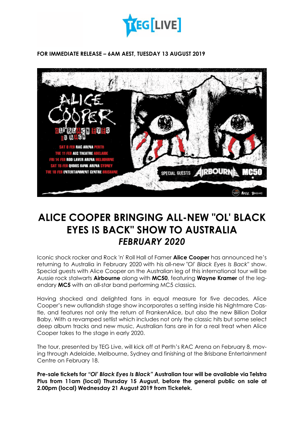 Alice Cooper Bringing All-New "Ol' Black Eyes Is Back" Show to Australia February 2020