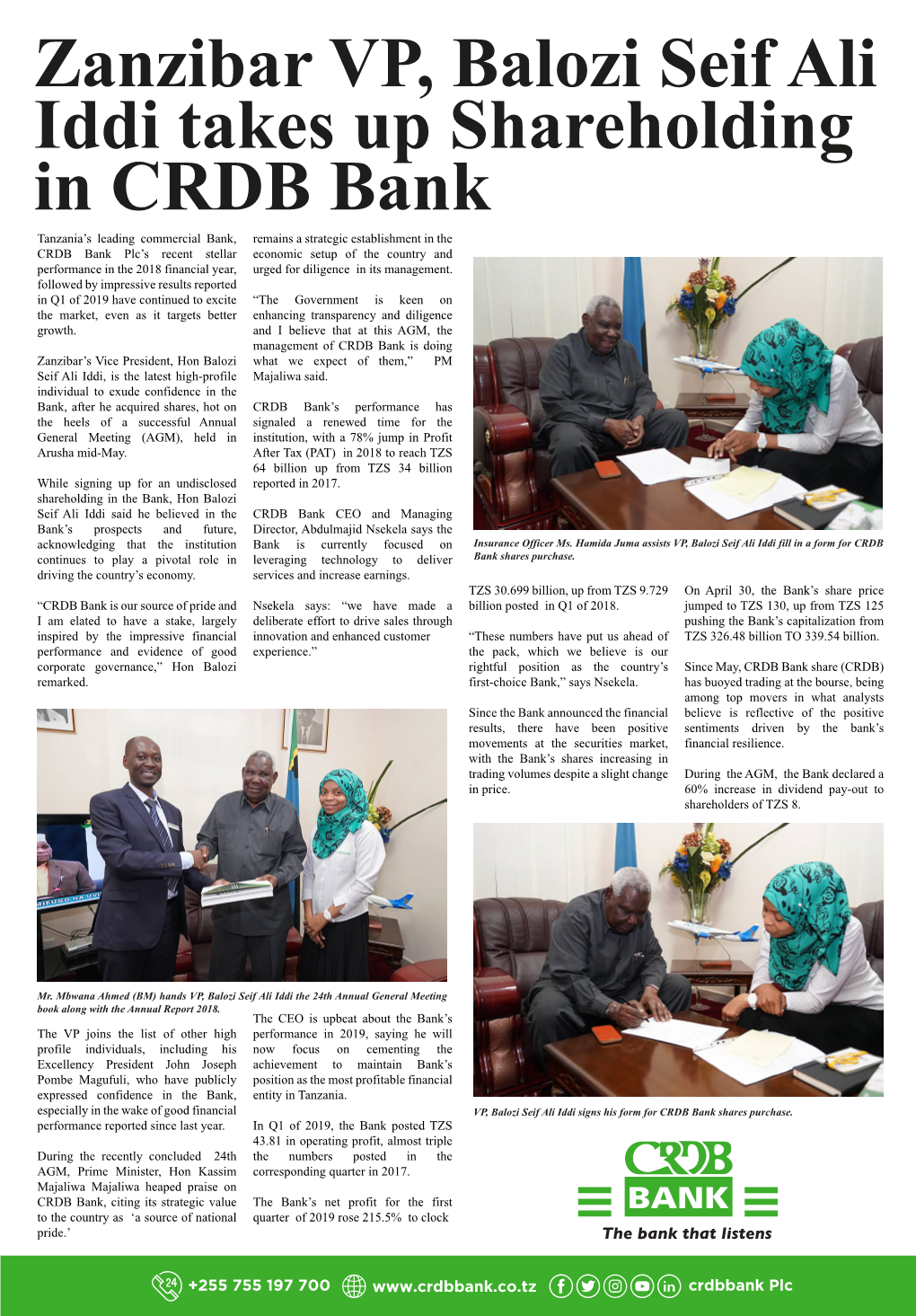 Zanzibar VP, Balozi Seif Ali Iddi Takes up Shareholding in CRDB Bank