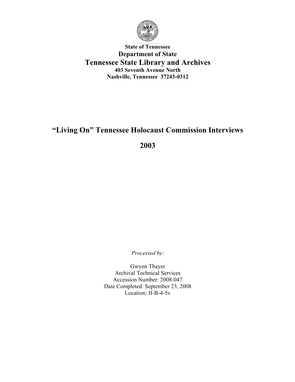 "Living On" Tennessee Holocaust Commission Interviews, 2003