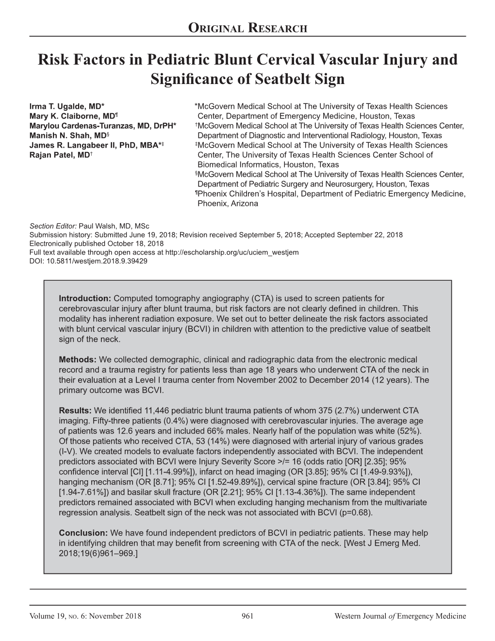 Risk Factors in Pediatric Blunt Cervical Vascular Injury and Significance of Seatbelt Sign