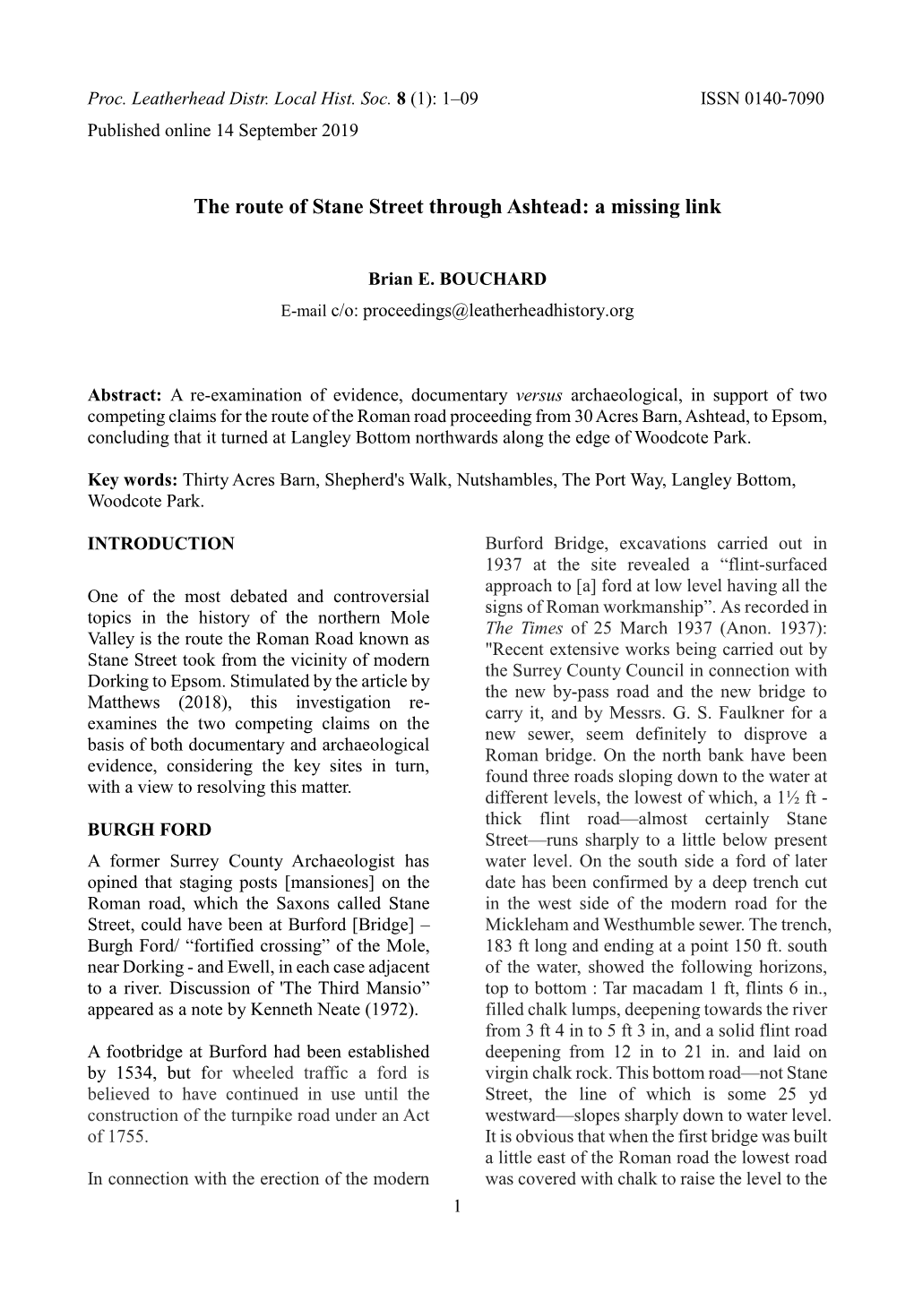 The Route of Stane Street Through Ashtead: a Missing Link