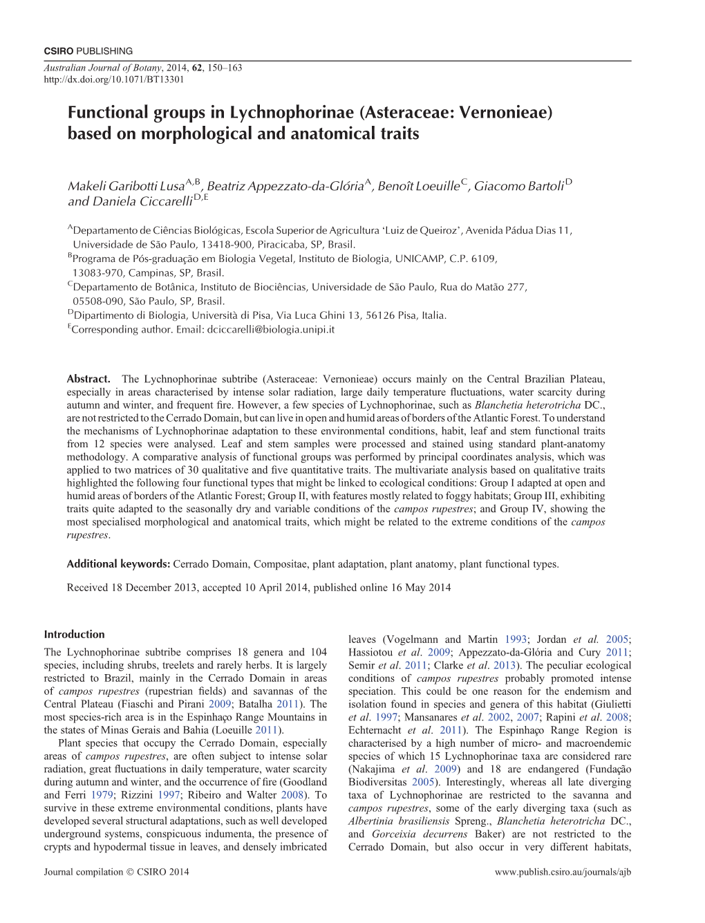 Functional Groups in Lychnophorinae (Asteraceae: Vernonieae) Based on Morphological and Anatomical Traits