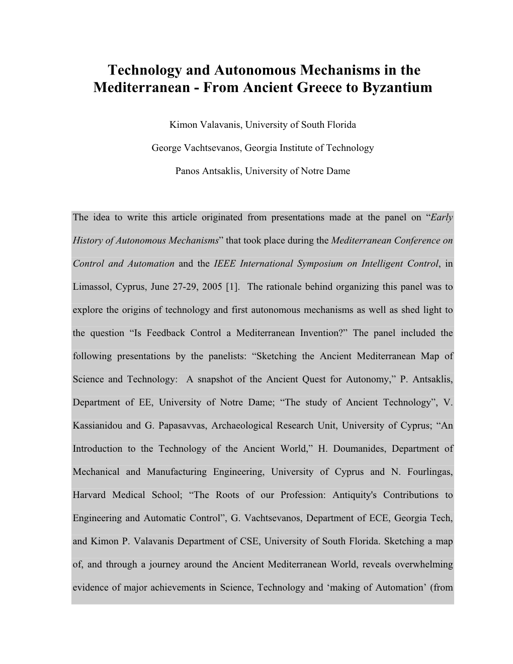 Technology and Autonomous Mechanisms in the Mediterranean - from Ancient Greece to Byzantium