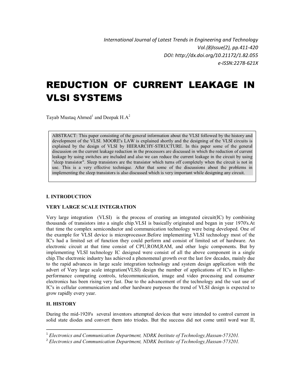 Reduction of Current Leakage in Vlsi Systems