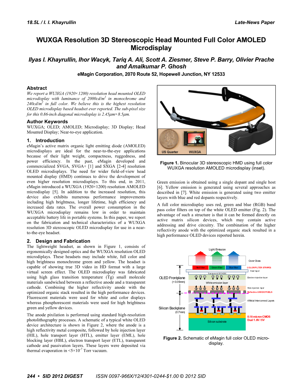 WUXGA Resolution 3D Stereoscopic Head Mounted Full Color AMOLED Microdisplay Ilyas I