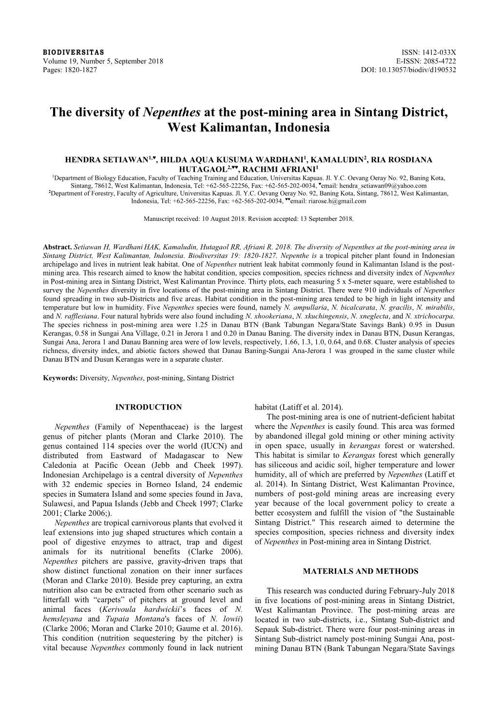 The Diversity of Nepenthes at the Post-Mining Area in Sintang District, West Kalimantan, Indonesia