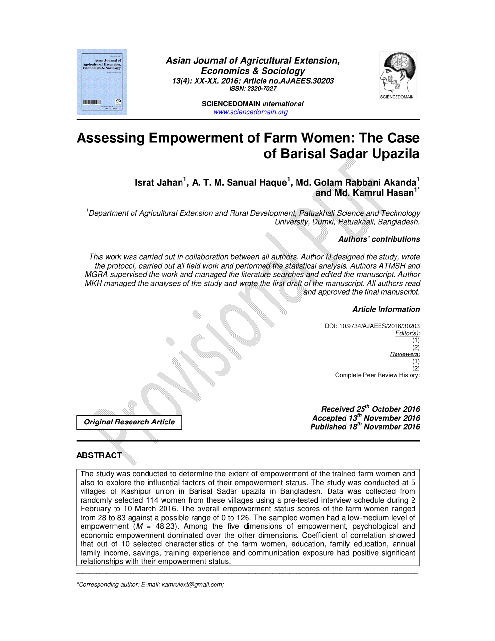 Assessing Empowerment of Farm Women: the Case of Barisal Sadar Upazila