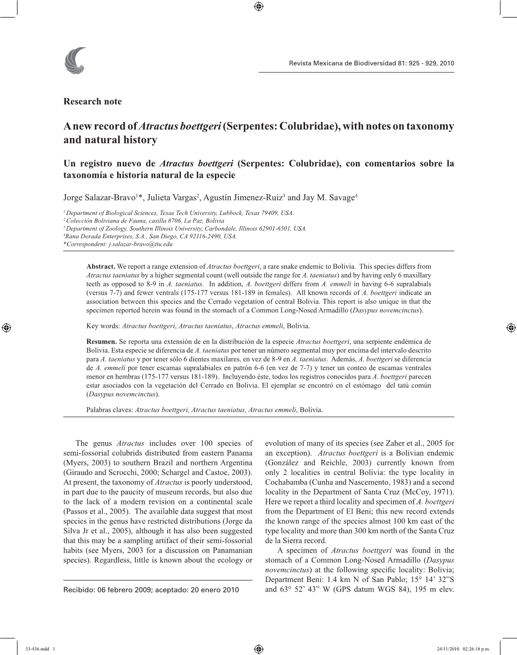 A New Record of Atractus Boettgeri (Serpentes: Colubridae), with Notes on Taxonomy and Natural History