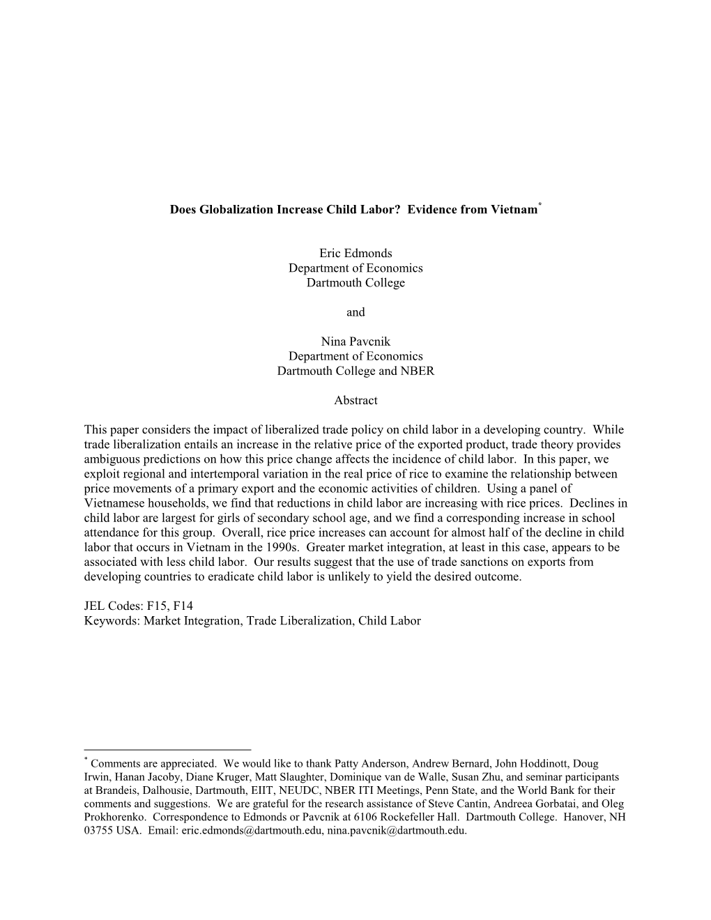 Does Globalization Increase Child Labor? Evidence from Vietnam