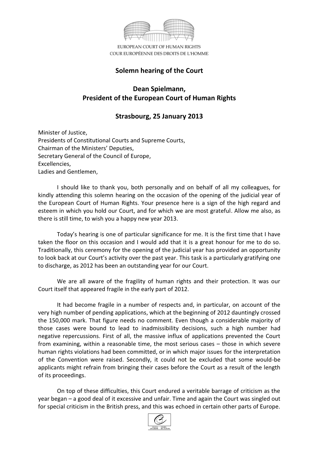 Press Conference Solemn Hearing of the Court Spielmann 25 January 2013