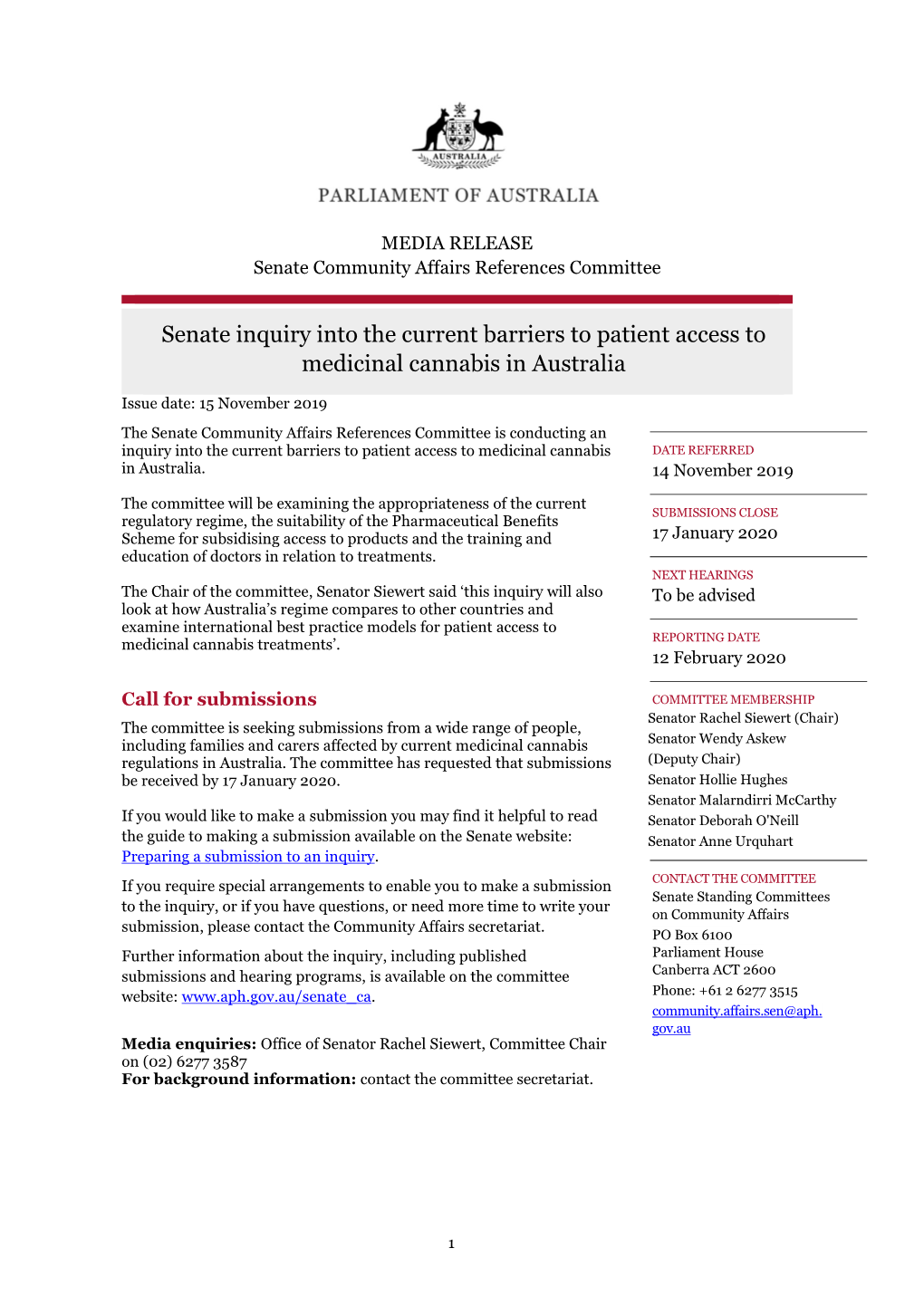 Senate Inquiry Into the Current Barriers to Patient Access to Medicinal Cannabis in Australia