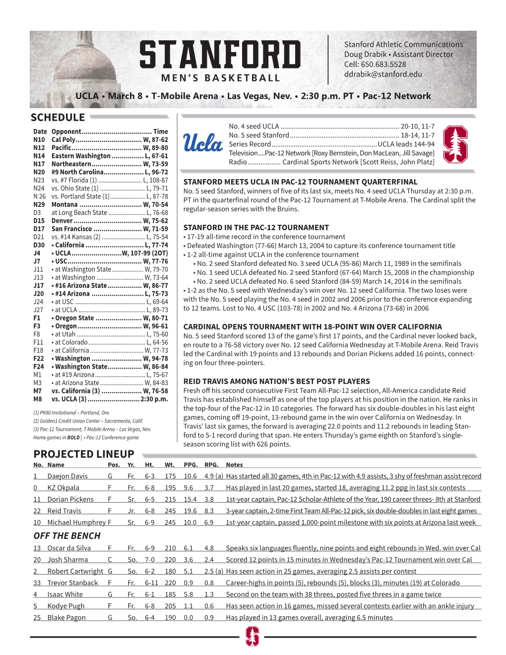 Stanford Athletic Communications Doug Drabik • Assistant Director Stanford Cell: 650.683.5528 MEN’S BASKETBALL Ddrabik@Stanford.Edu