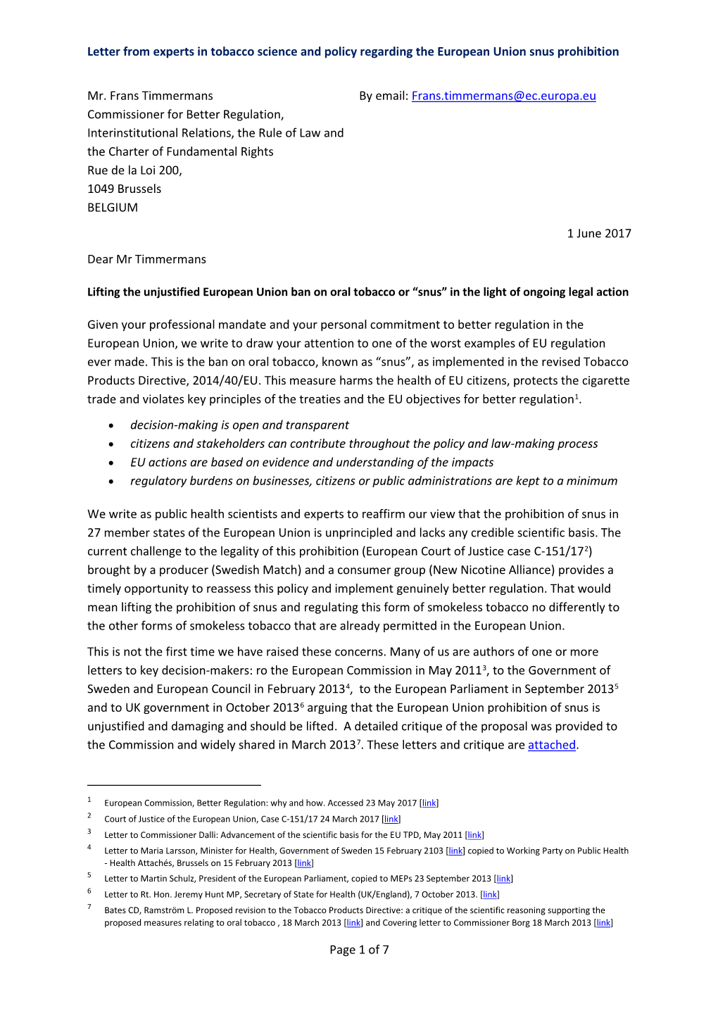 Letter from Experts in Tobacco Science and Policy Regarding the European Union Snus Prohibition