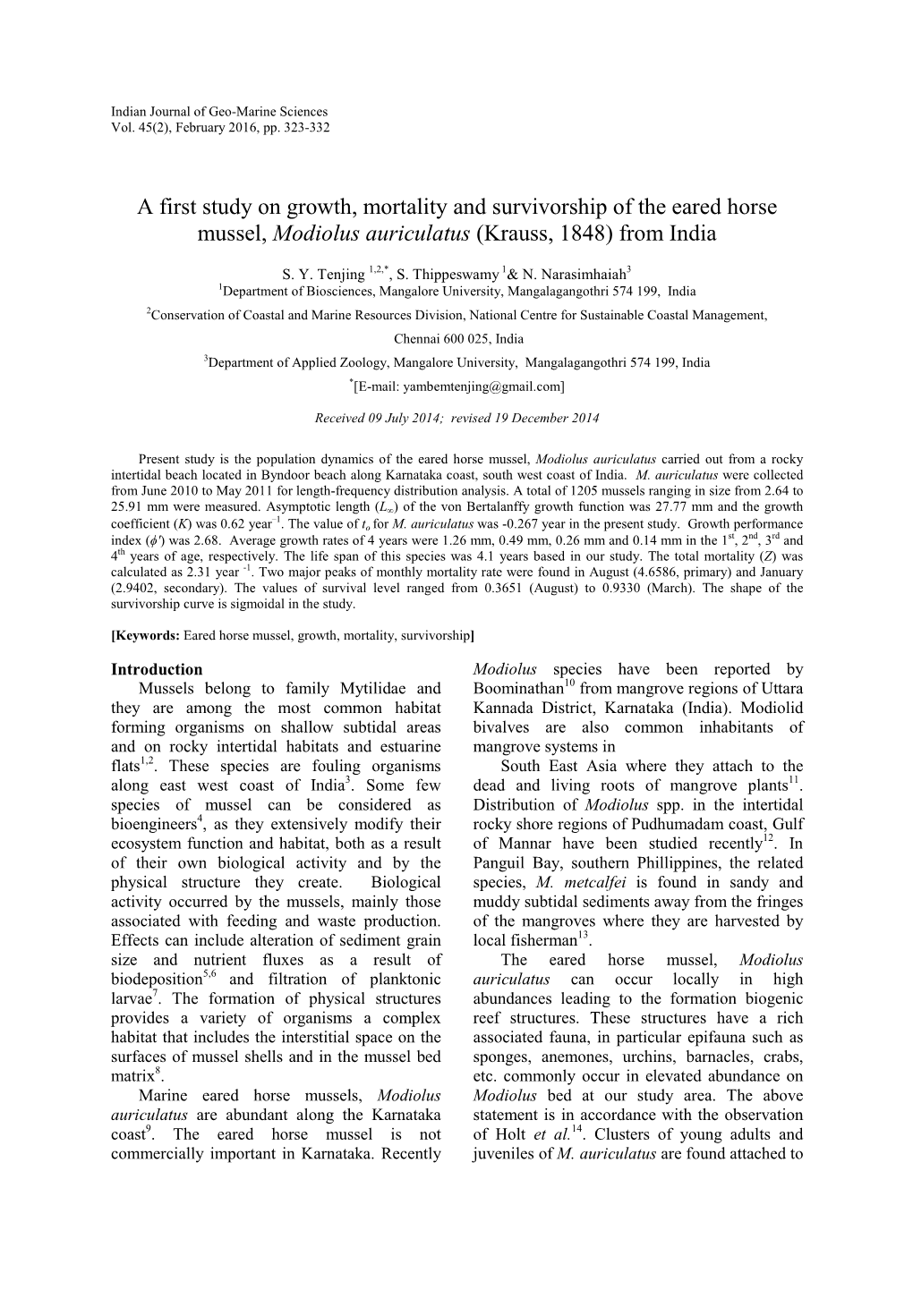 A First Study on Growth, Mortality and Survivorship of the Eared Horse Mussel, Modiolus Auriculatus (Krauss, 1848) from India