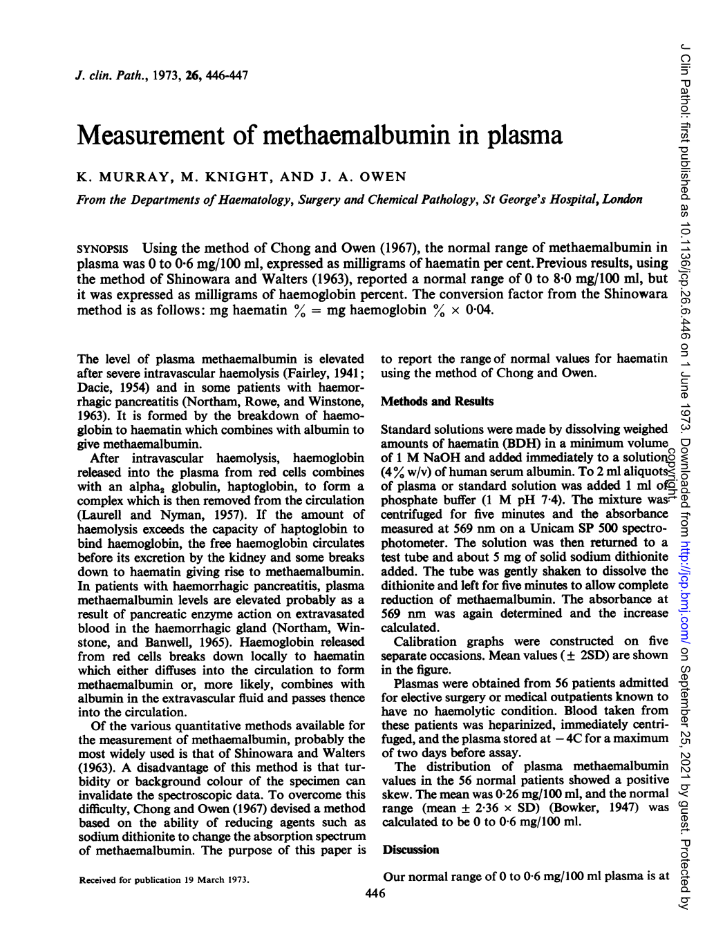 Measurement of Methaemalbumin in Plasma