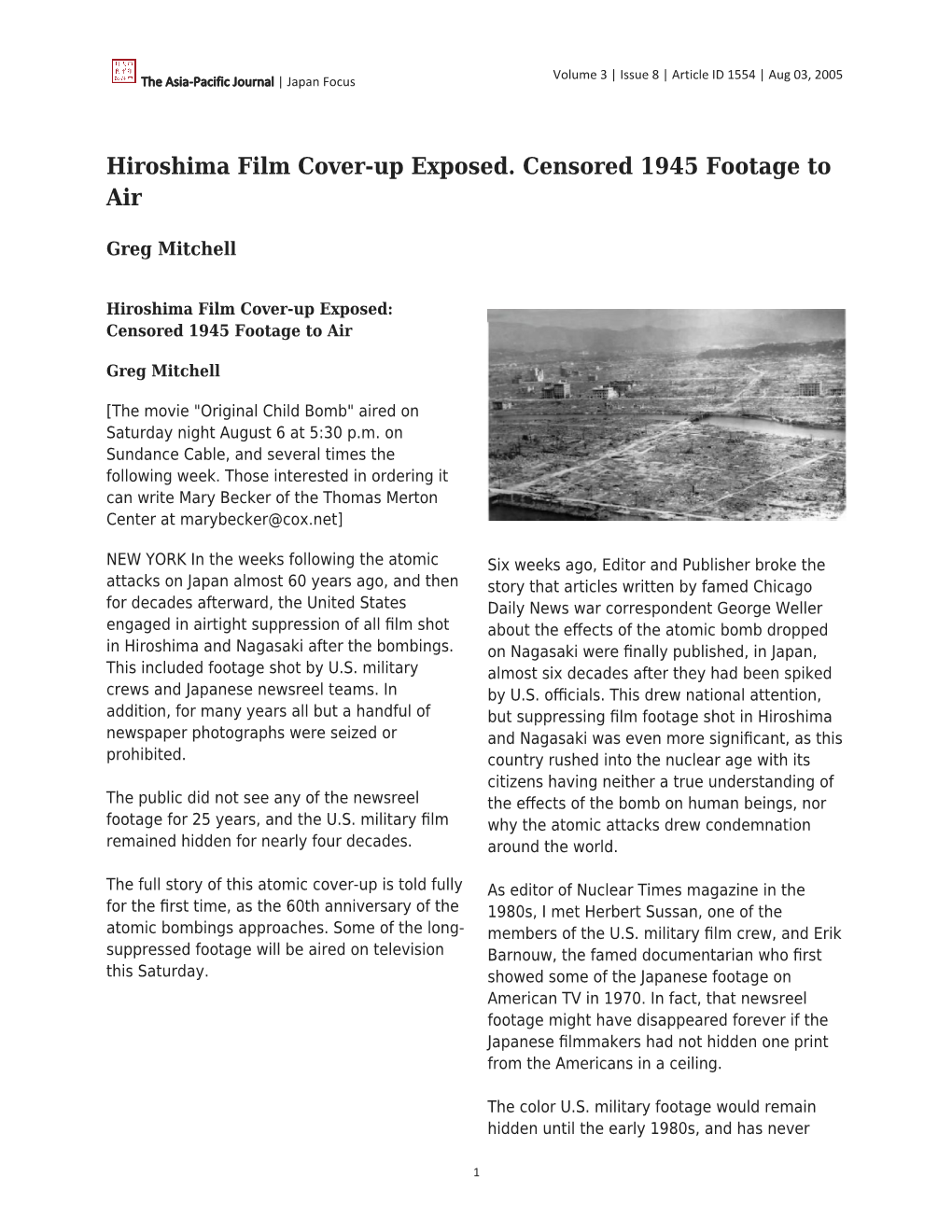 Hiroshima Film Cover-Up Exposed. Censored 1945 Footage to Air