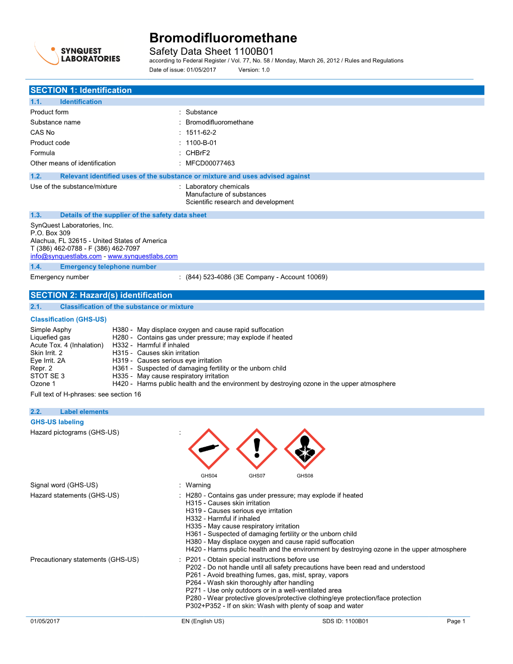 Bromodifluoromethane Safety Data Sheet 1100B01 According to Federal Register / Vol