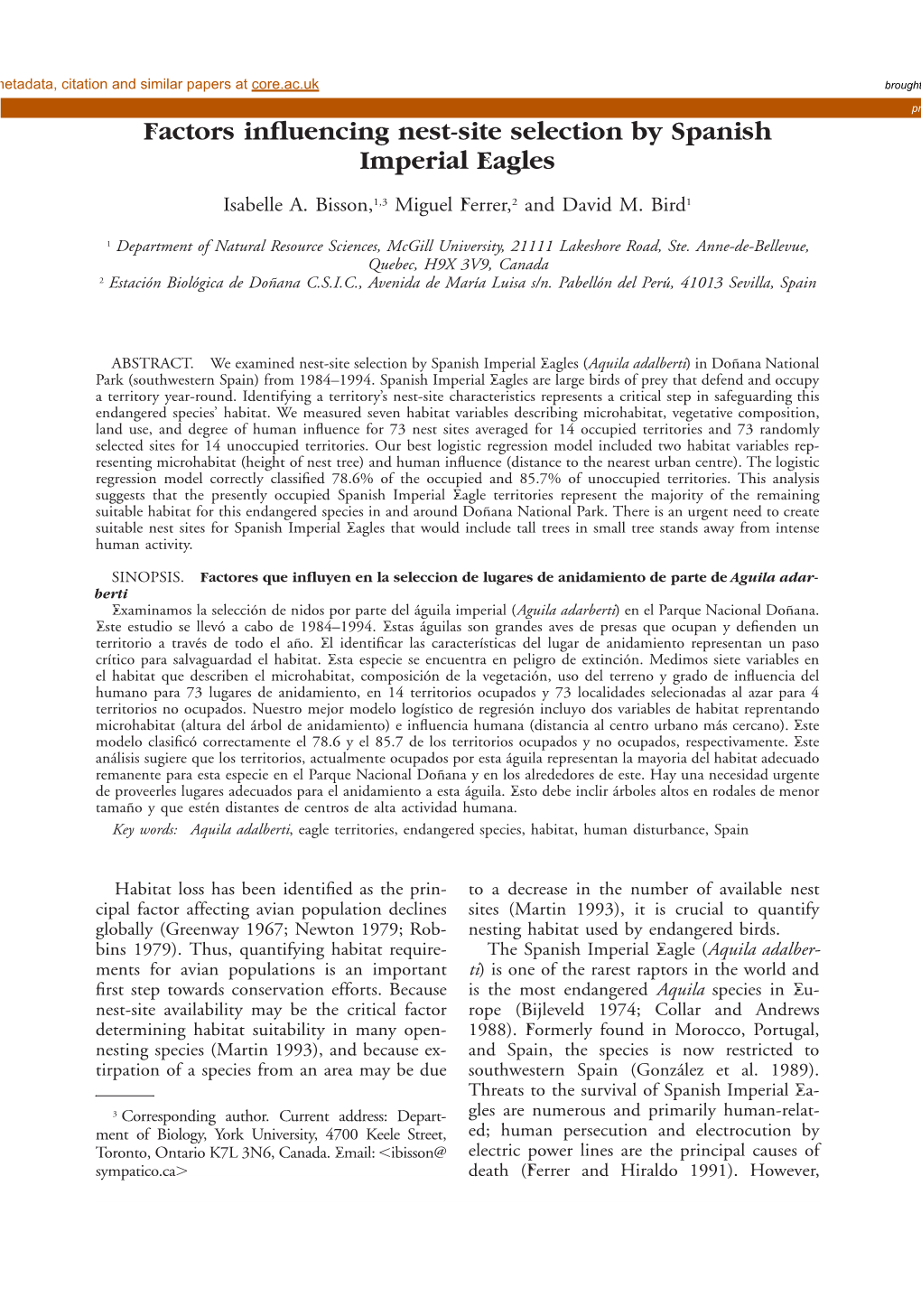 Factors Influencing Nest-Site Selection by Spanish Imperial Eagles