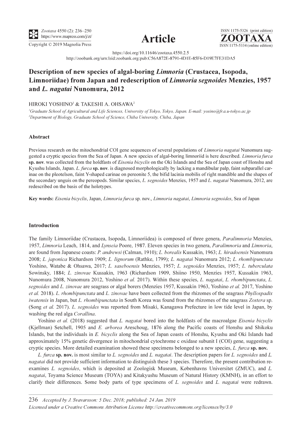 Description of New Species of Algal-Boring Limnoria (Crustacea, Isopoda, Limnoriidae) from Japan and Redescription of Limnoria Segnoides Menzies, 1957 and L